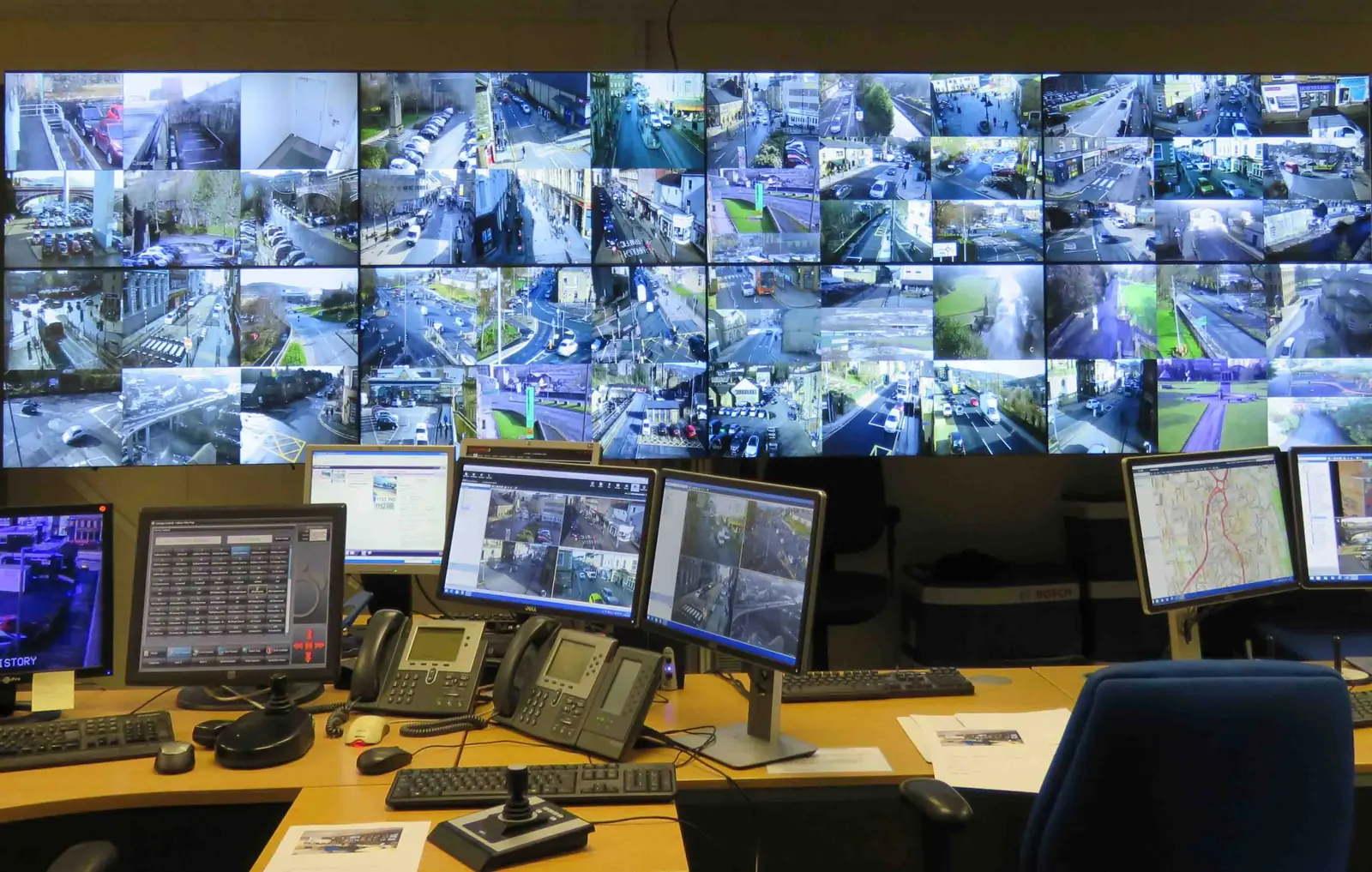 Live CCTV monitoring control room with multiple camera feeds